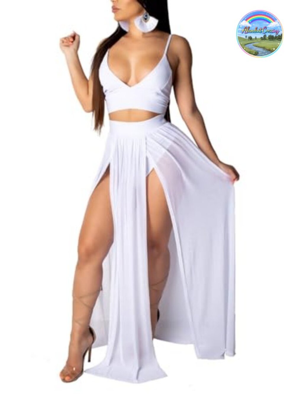 Women 2 Piece Chiffon Skirt Set Off Shoulder Deep V Crop Top High Split Maxi